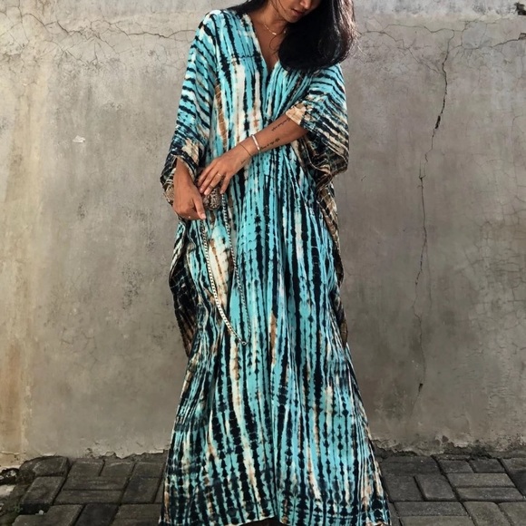 Blue Boho Tie Dye Kaftan Kimono Dress - Picture 5 of 8